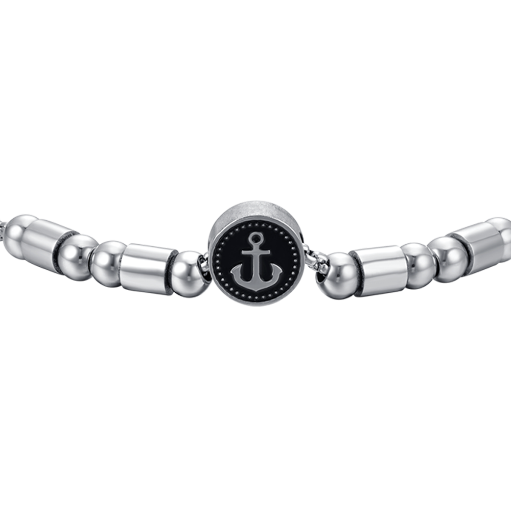 BRACCIALE UOMO IN ACCIAIO ELEMENTO CON ANCORA SILVER E SMALTO NERO