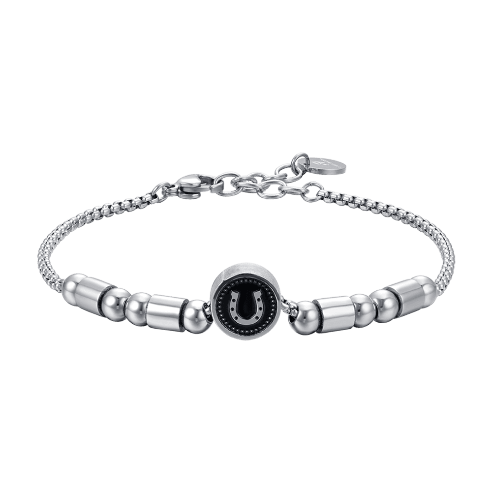 BRACCIALE UOMO IN ACCIAIO ELEMENTO CON FERRO DI CAVALLO SILVER E SMALTO NERO