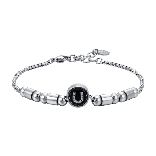 BRACCIALE UOMO IN ACCIAIO ELEMENTO CON FERRO DI CAVALLO SILVER E SMALTO NERO