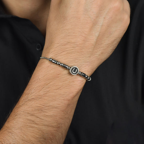 BRACCIALE UOMO IN ACCIAIO ELEMENTO CON FERRO DI CAVALLO SILVER E SMALTO NERO