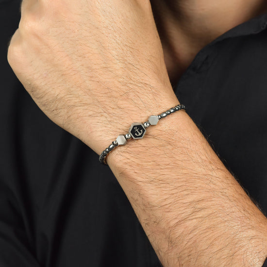 BRACCIALE UOMO IN ACCIAIO ELEMENTO CON ANCORA SILVER E SMALTO NERO