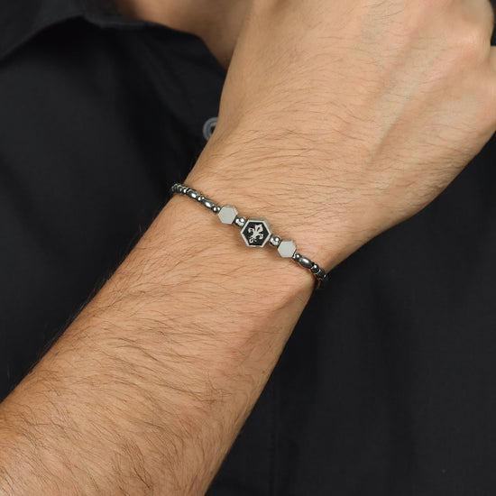 BRACCIALE UOMO IN ACCIAIO ELEMENTO CON GIGLIO SILVER E SMALTO NERO