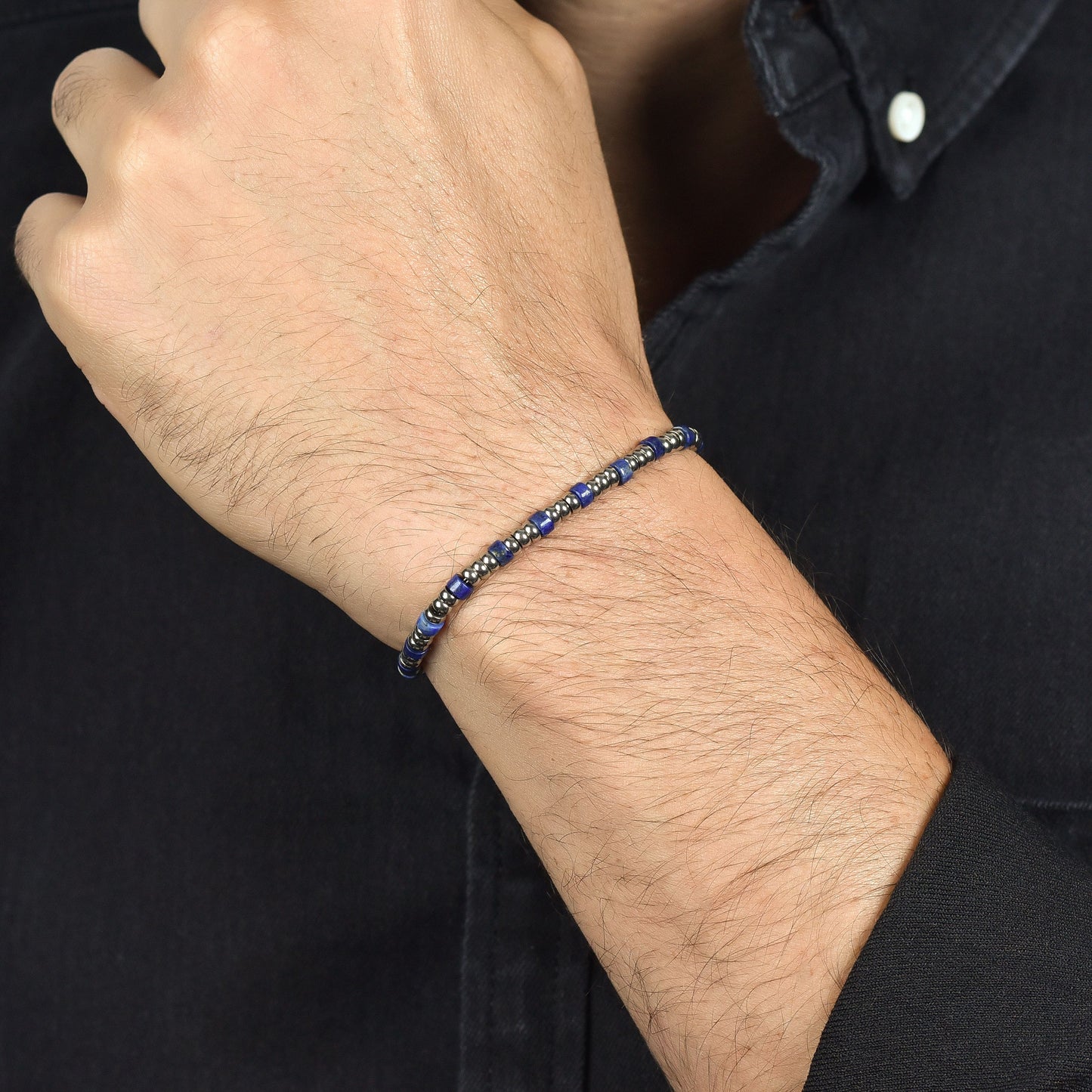 BRACCIALE UOMO IN ACCIAIO CON ELEMENTI SILVER E PIETRE BLU