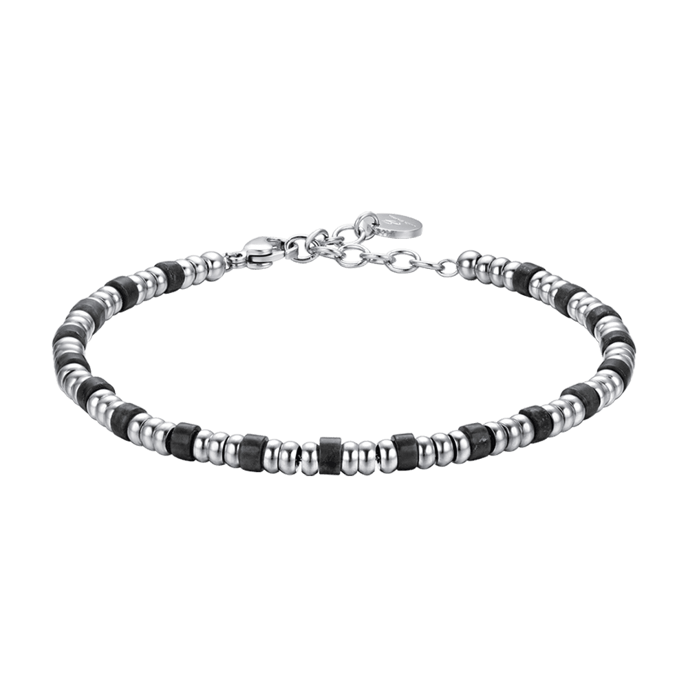 BRACCIALE UOMO IN ACCIAIO CON ELEMENTI SILVER E PIETRE NERE