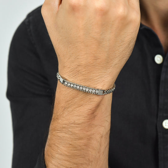 BRACCIALE UOMO IN ACCIAIO ELEMENTO CON CRISTALLI BIANCHI