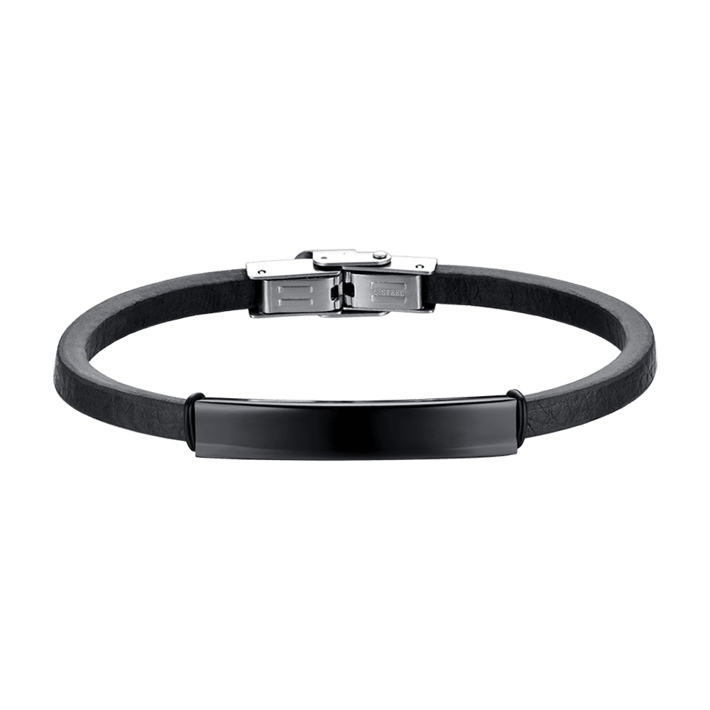 BRACCIALE UOMO IN CUOIO CON PIASTRA IN ACCIAIO IP NERO