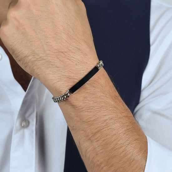 BRACCIALE UOMO IN ACCIAIO CON PIASTRA SILVER IP NERO