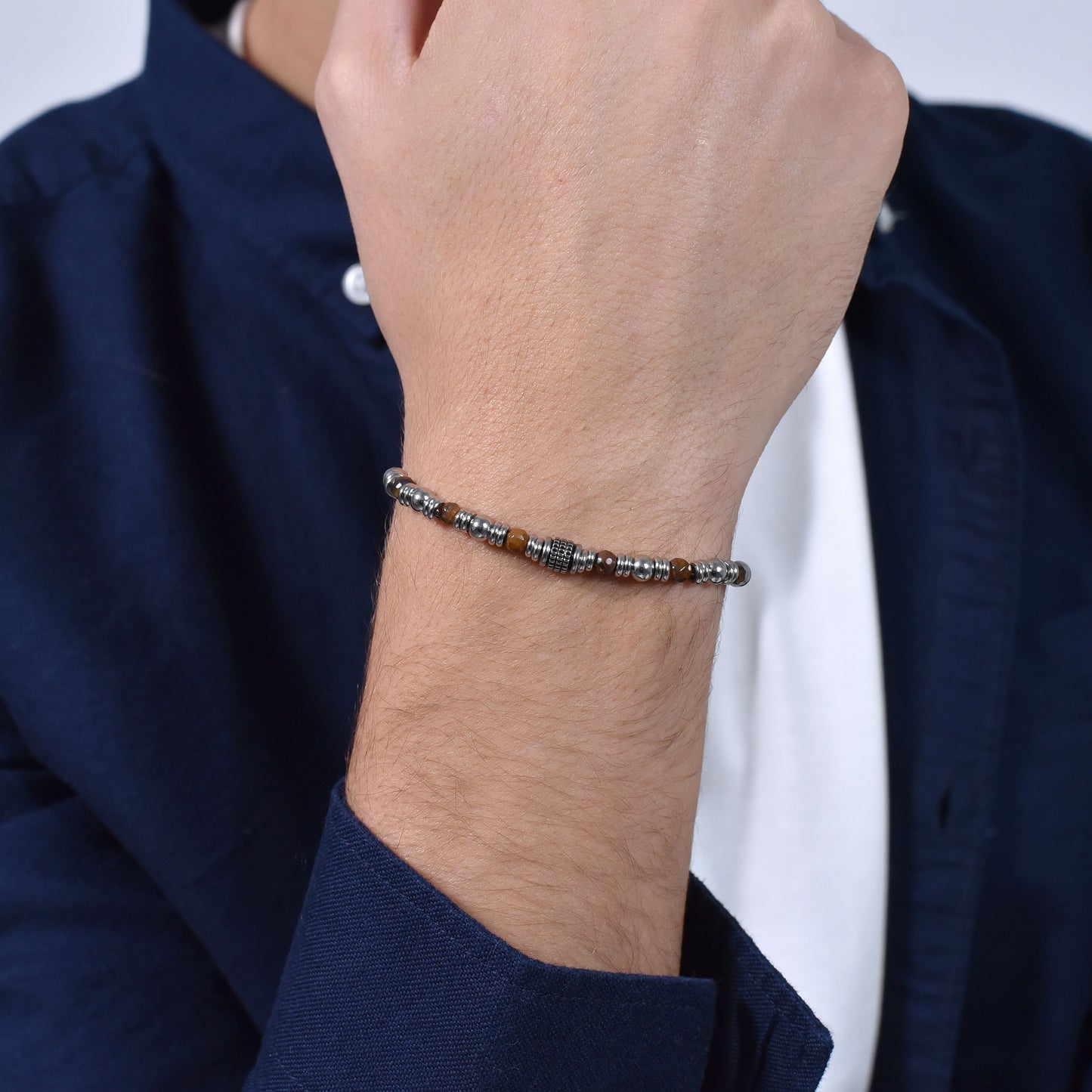 BRACCIALE UOMO IN ACCIAIO PIETRE OCCHIO DI TIGRE