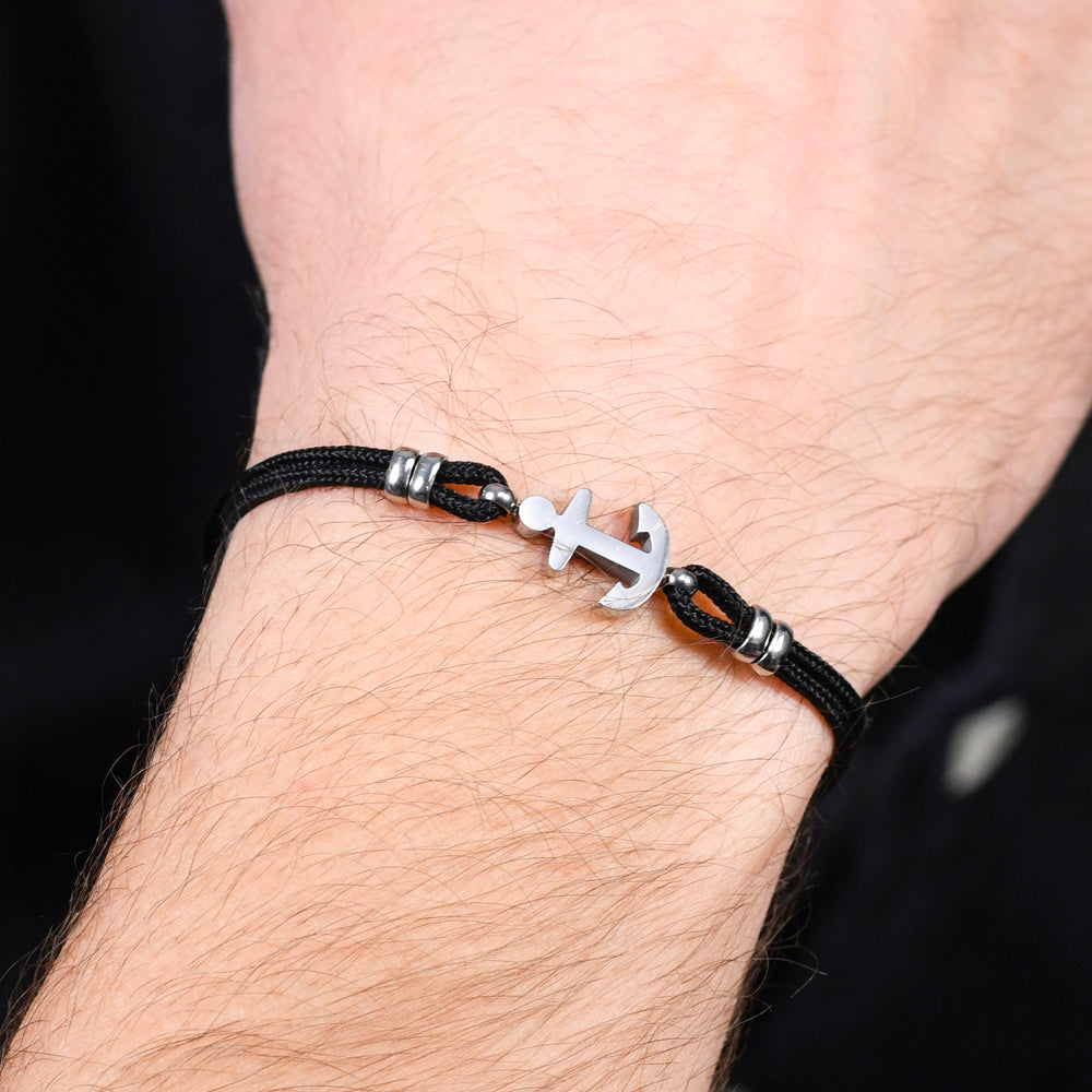 BRACCIALE UOMO IN CORDA NERA E ANCORA