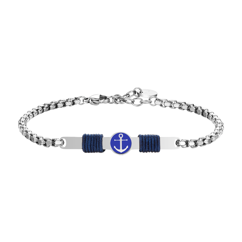 BRACCIALE IN ACCIAIO, PIASTRA CON SMALTO BLU E  ANCORA E CORDA BLU