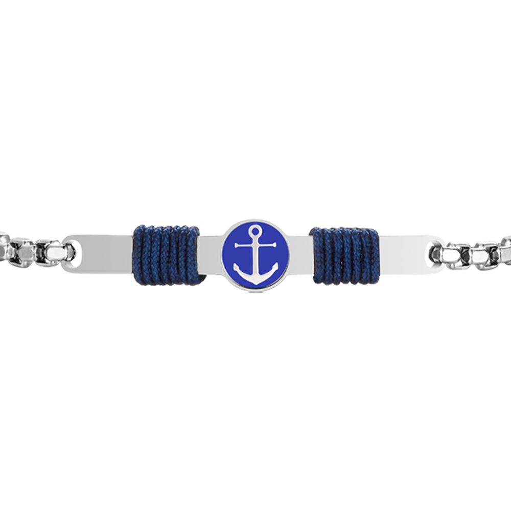 BRACCIALE IN ACCIAIO, PIASTRA CON SMALTO BLU E  ANCORA E CORDA BLU