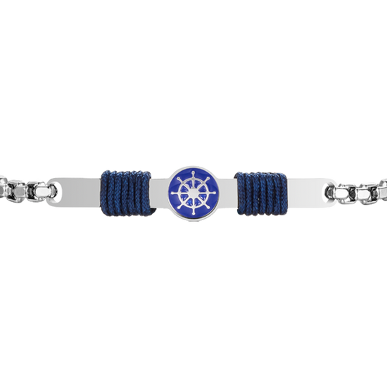 BRACCIALE IN ACCIAIO, PIASTRA CON SMALTO BLU E TIMONE E CORDA BLU