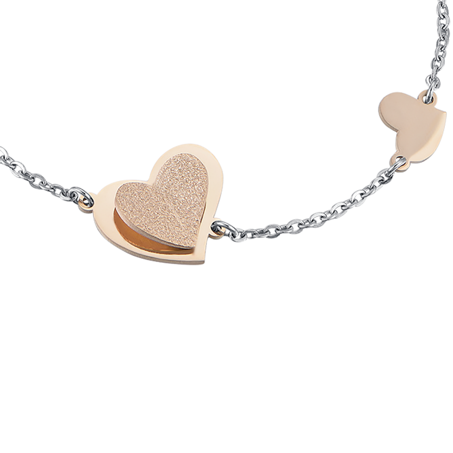 BRACCIALE IN ACCIAIO, CUORE IN ACCIAIO IP ROSE CON GLITTER IP ROSE