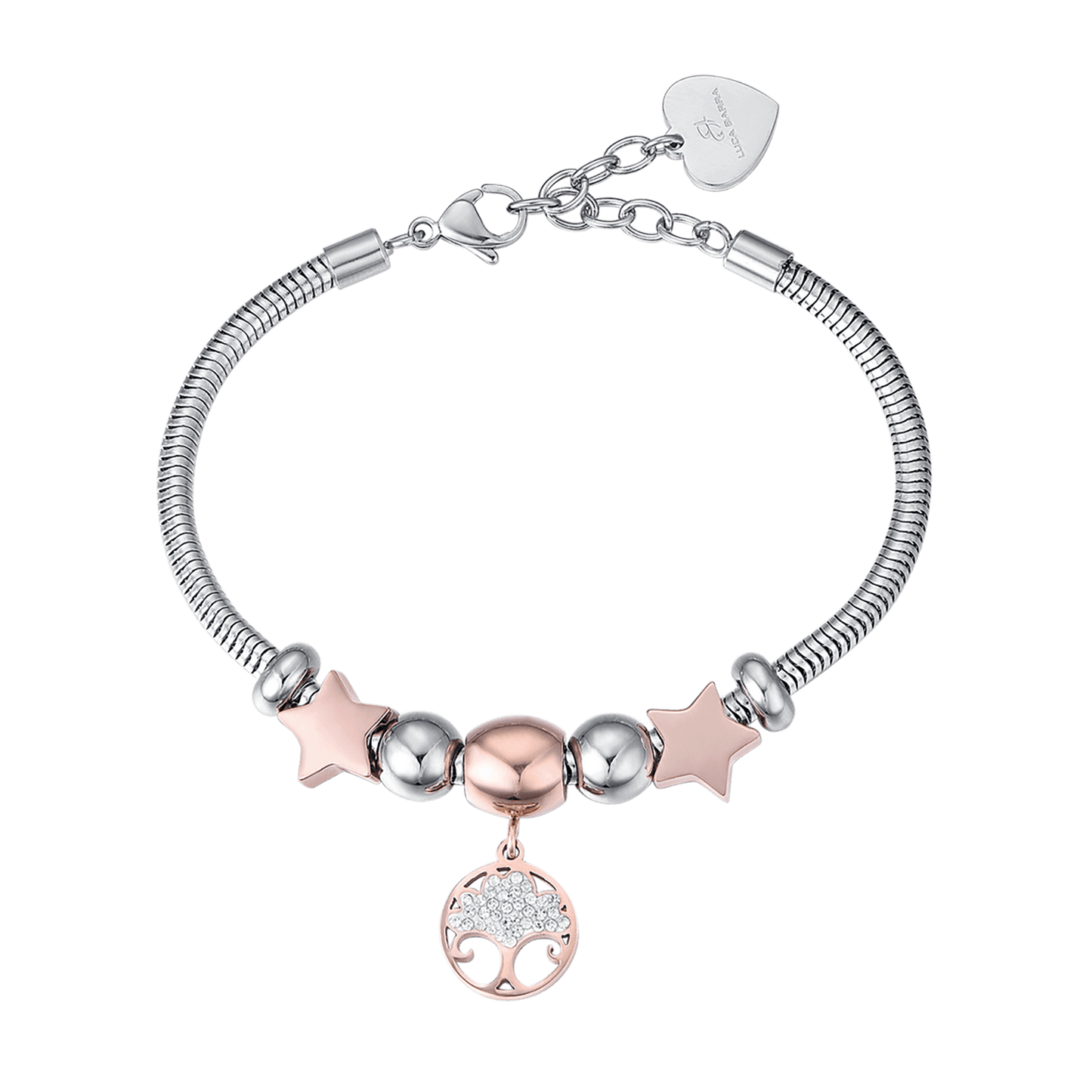 BRACCIALE DONNA IN ACCIAIO CON ALBERO DELLA VITA IP ROSE E CRISTALLI BIANCHI E S