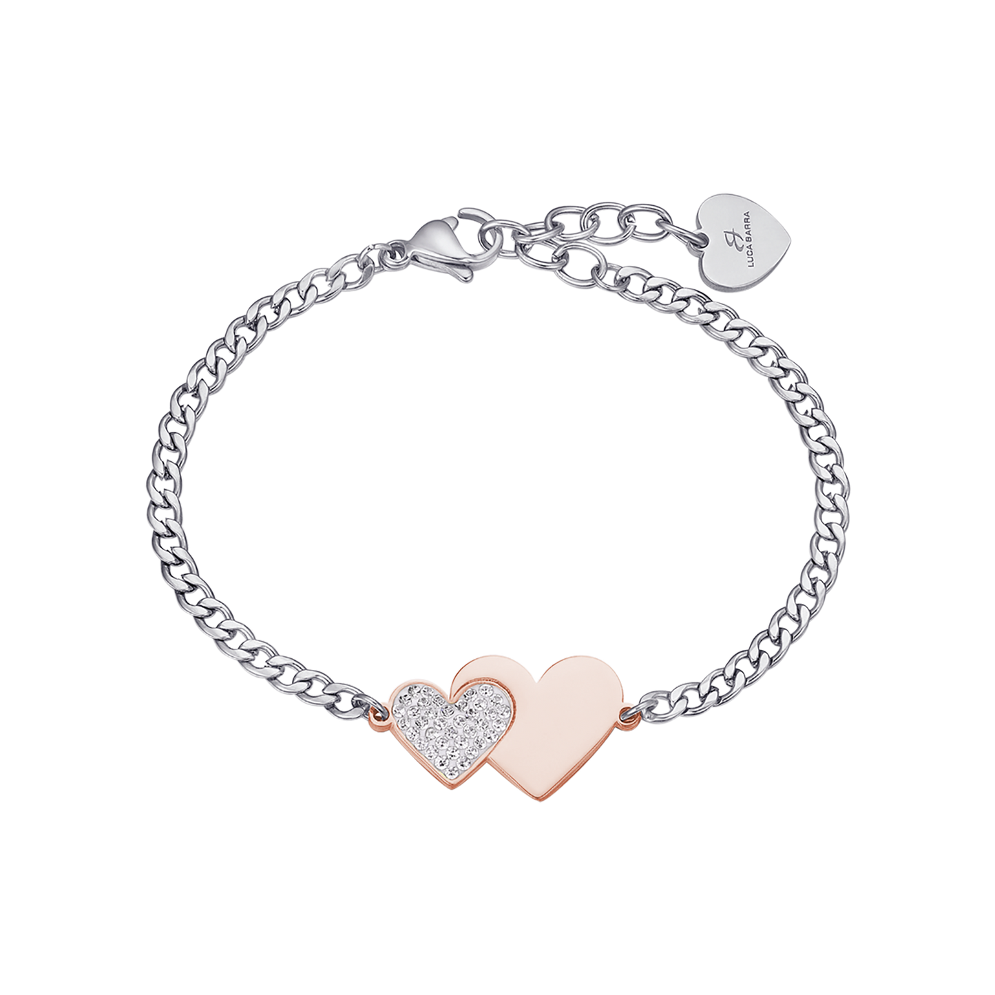 BRACCIALE IN ACCIAIO CON CUORE IN ACCIAIO IP ROSE E CRISTALLI BIANCHI