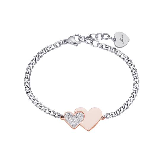 BRACCIALE IN ACCIAIO CON CUORE IN ACCIAIO IP ROSE E CRISTALLI BIANCHI