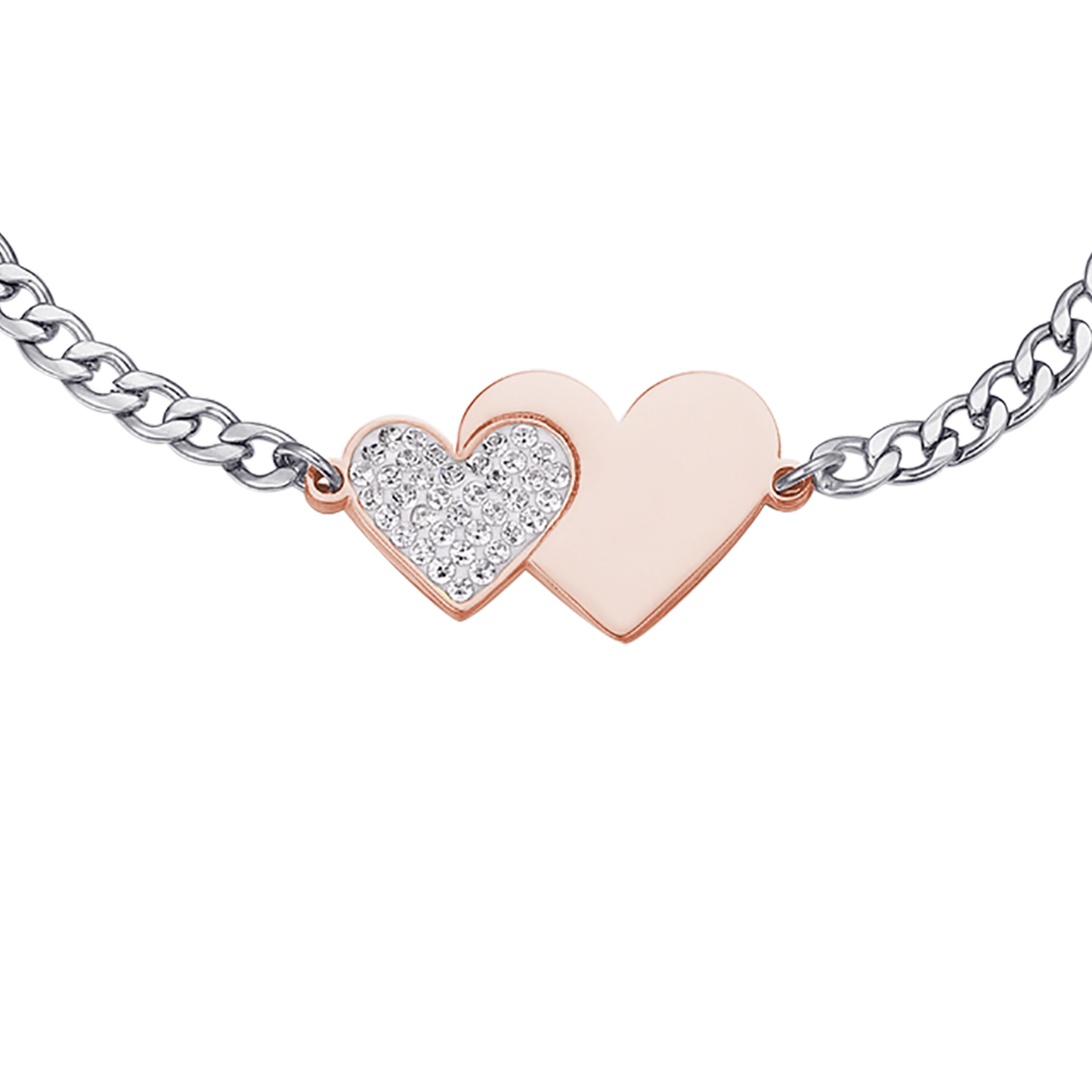 BRACCIALE IN ACCIAIO CON CUORE IN ACCIAIO IP ROSE E CRISTALLI BIANCHI