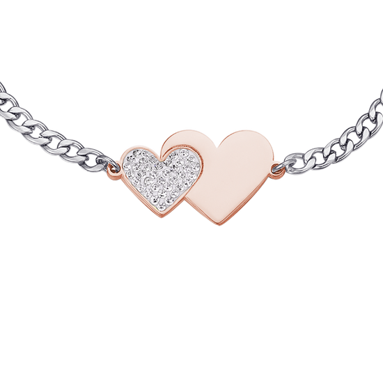 BRACCIALE IN ACCIAIO CON CUORE IN ACCIAIO IP ROSE E CRISTALLI BIANCHI