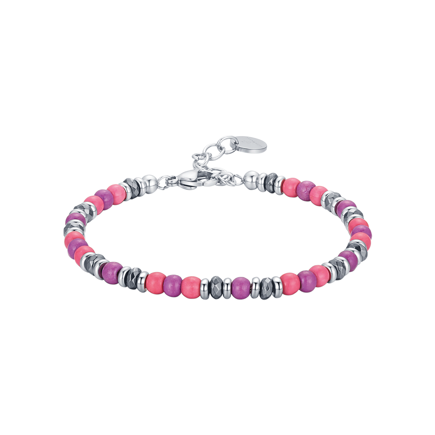 BRACCIALE IN ACCIAIO CON PIETRE ROSA E VIOLA