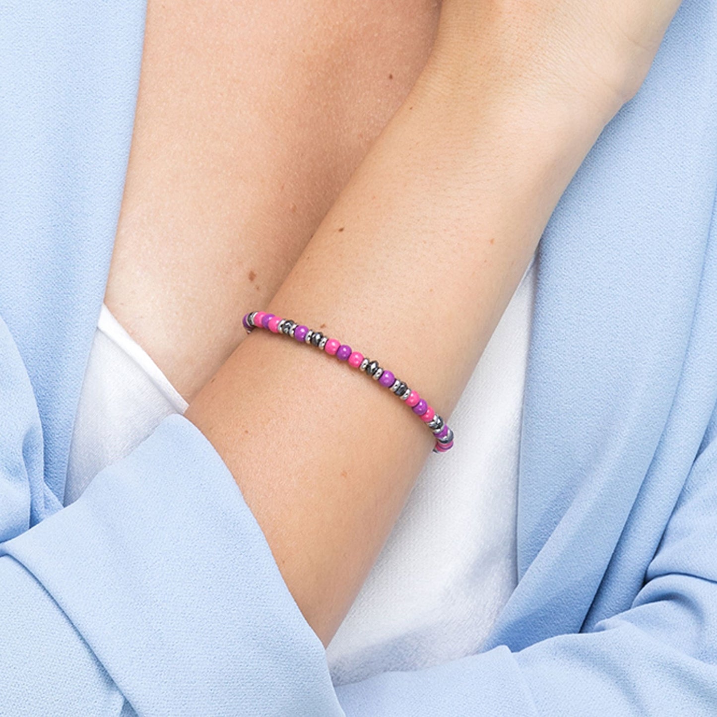 BRACCIALE IN ACCIAIO CON PIETRE ROSA E VIOLA