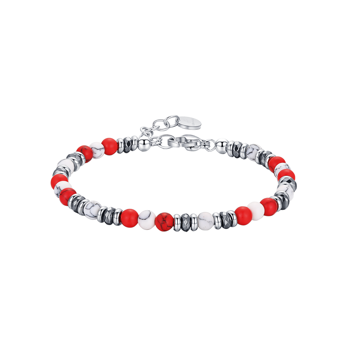 BRACCIALE IN ACCIAIO CON PIETRE ROSSE E BIANCHE