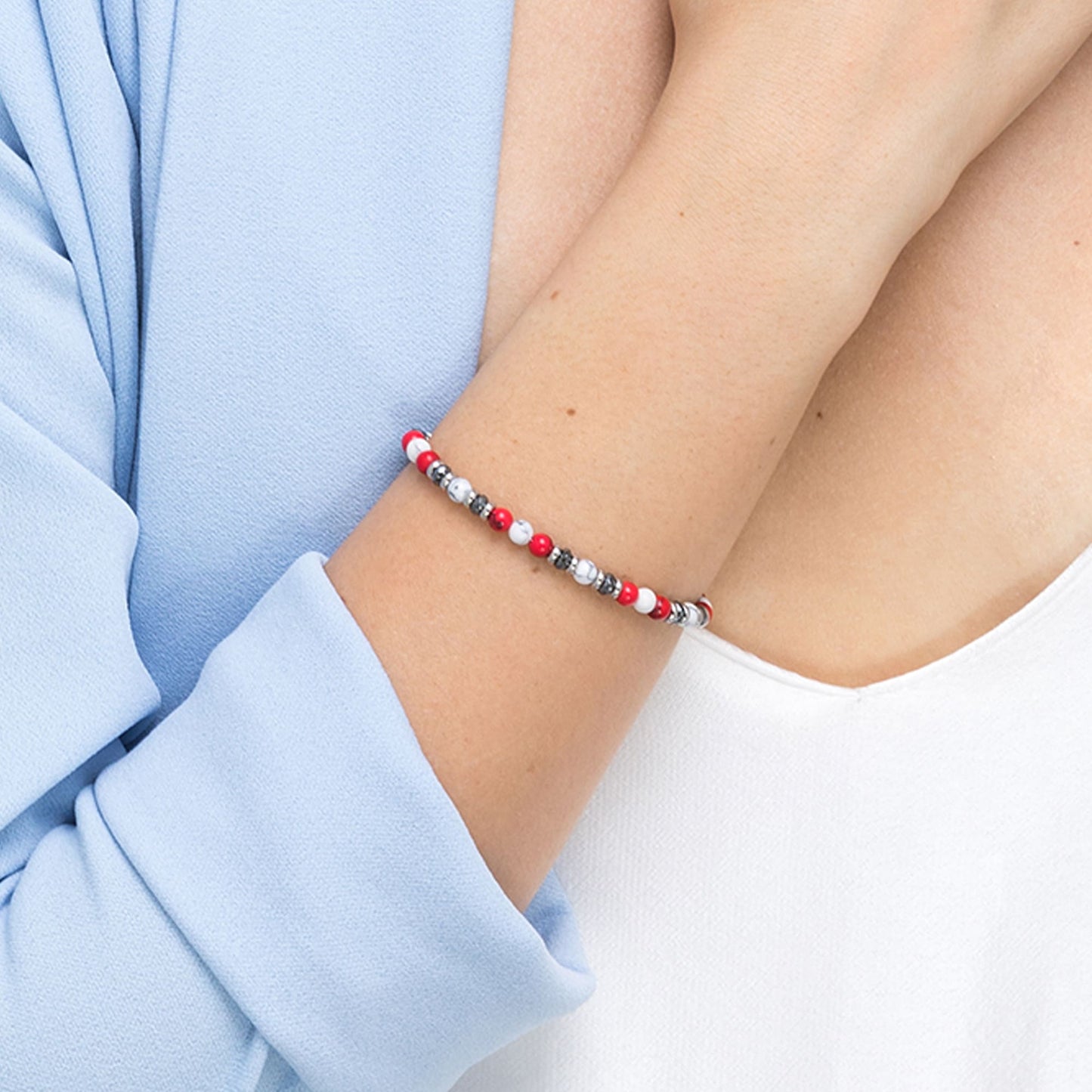 BRACCIALE IN ACCIAIO CON PIETRE ROSSE E BIANCHE