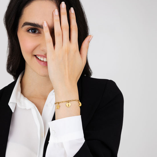 BRACCIALE DONNA IN ACCIAIO DORATO CON LUNA, CUORE LUCCHETTO E STELLA