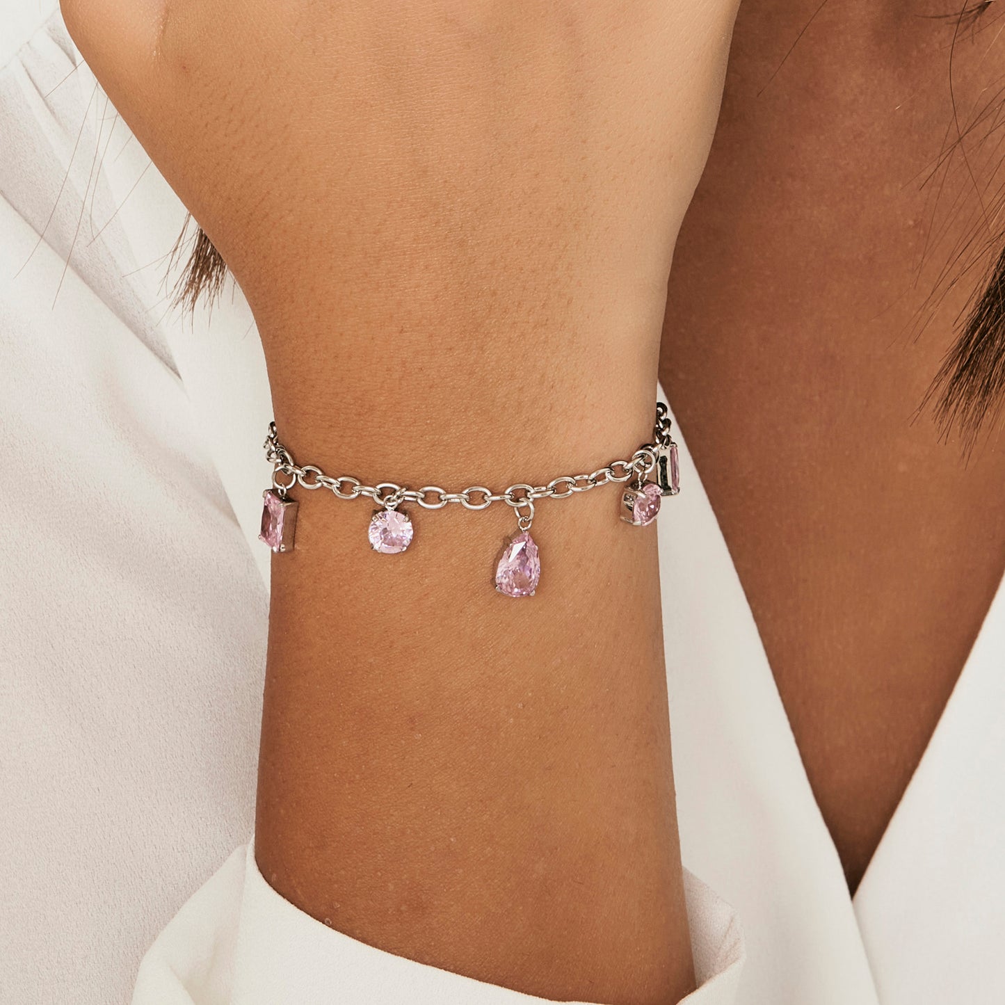 BRACCIALE DONNA IN ACCIAIO CON CRISTALLI ROSA