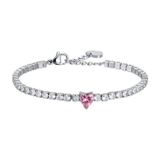 BRACCIALE DONNA IN ACCIAIO CON CRISTALLI BIANCHI E CUORE CRISTALLO ROSA