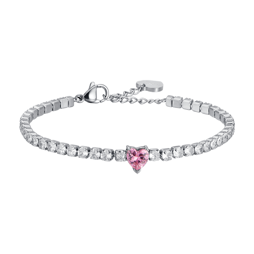 BRACCIALE DONNA IN ACCIAIO CON CRISTALLI BIANCHI E CUORE CRISTALLO ROSA