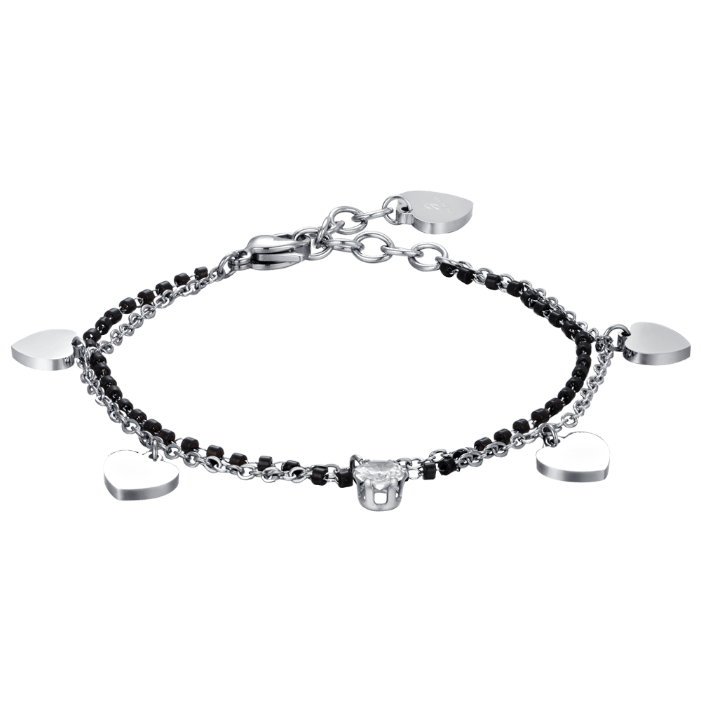 BRACCIALE DONNA IN ACCIAIO CON CUORI, ELEMENTI NERI E CRISTALLO BIANCO