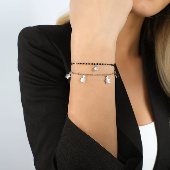 BRACCIALE DONNA IN ACCIAIO CON STELLE, ELEMENTI IP NERO E CRISTALLO BIANCO