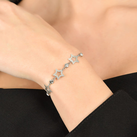 BRACCIALE DONNA IN ACCIAIO CON STELLE TRAFORATE E CRISTALLI BIANCHI