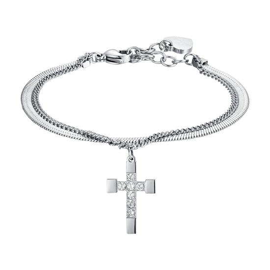 BRACCIALE DONNA IN ACCIAIO CON CROCE CON CRISTALLI BIANCHI