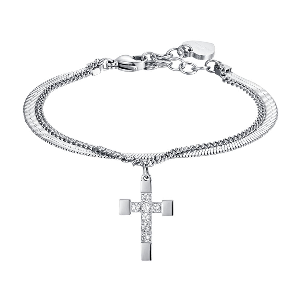 BRACCIALE DONNA IN ACCIAIO CON CROCE CON CRISTALLI BIANCHI