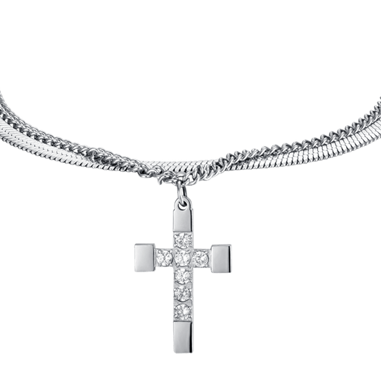 BRACCIALE DONNA IN ACCIAIO CON CROCE CON CRISTALLI BIANCHI