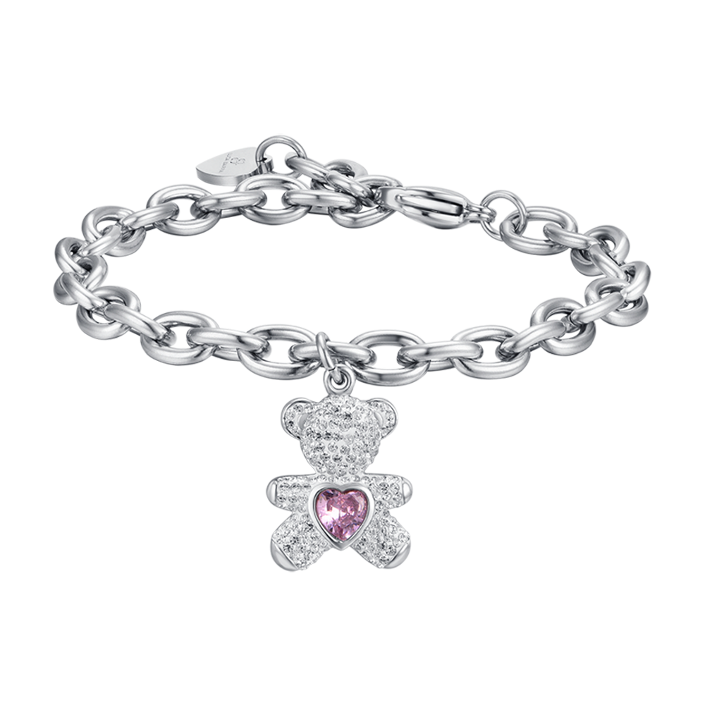 BRACCIALE DONNA IN ACCIAIO CON ORSETTO CON CRISTALLI ROSA E BIANCHI