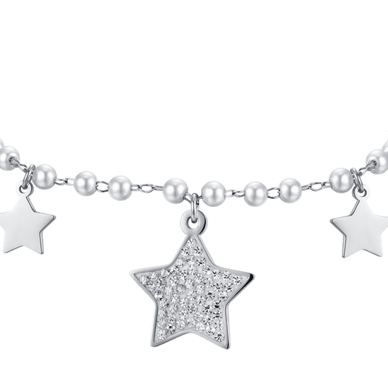 BRACCIALE DONNA IN ACCIAIO CON PERLE BIANCHE E STELLE