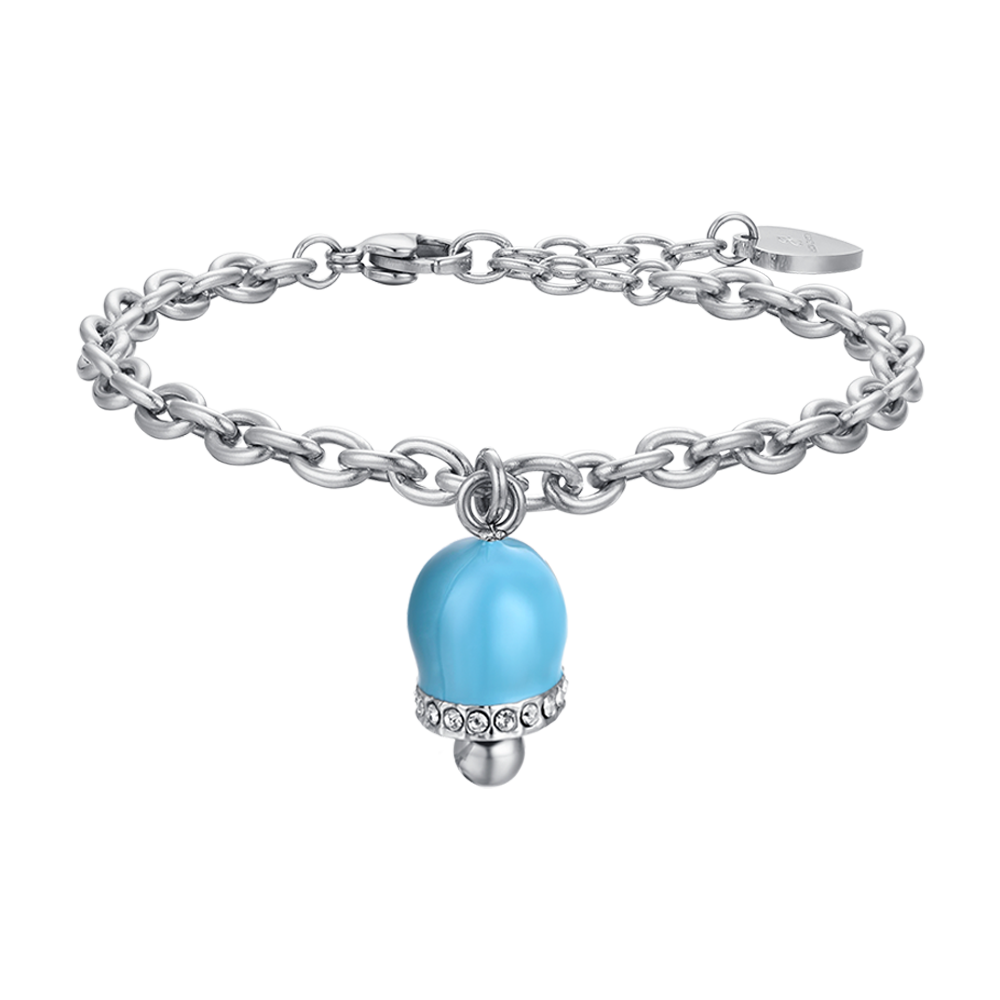 BRACCIALE DONNA IN ACCIAIO CON CAMPANELLA CON SMALTO TURCHESE E CRISTALLI