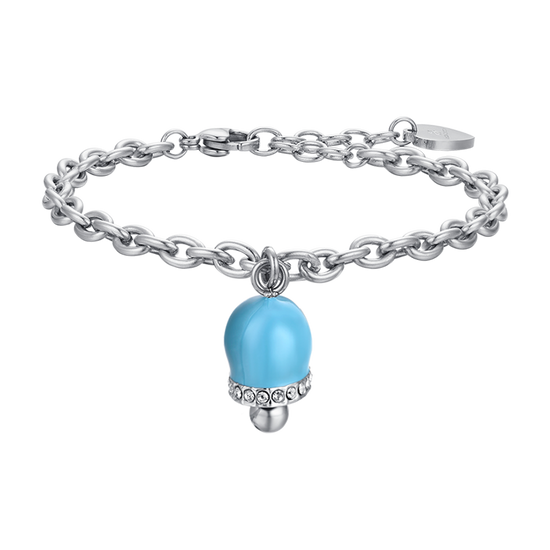 BRACCIALE DONNA IN ACCIAIO CON CAMPANELLA CON SMALTO TURCHESE E CRISTALLI