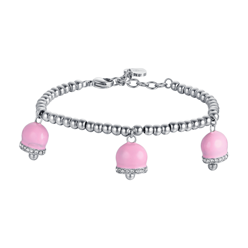 BRACCIALE DONNA IN ACCIAIO CON CAMPANELLE CON SMALTO ROSA E CRISTALLI BIANCHI