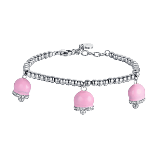 BRACCIALE DONNA IN ACCIAIO CON CAMPANELLE CON SMALTO ROSA E CRISTALLI BIANCHI