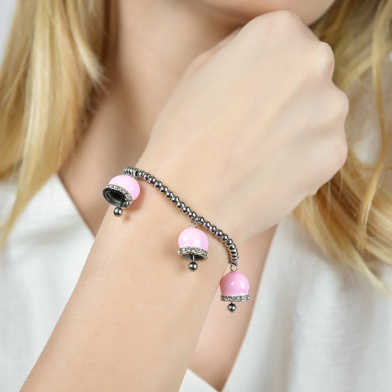 BRACCIALE DONNA IN ACCIAIO CON CAMPANELLE CON SMALTO ROSA E CRISTALLI BIANCHI