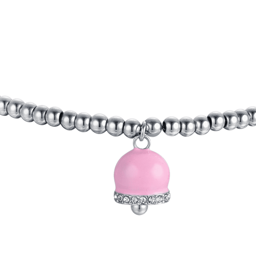 BRACCIALE DONNA IN ACCIAIO CON CAMPANELLE CON SMALTO ROSA E CRISTALLI BIANCHI