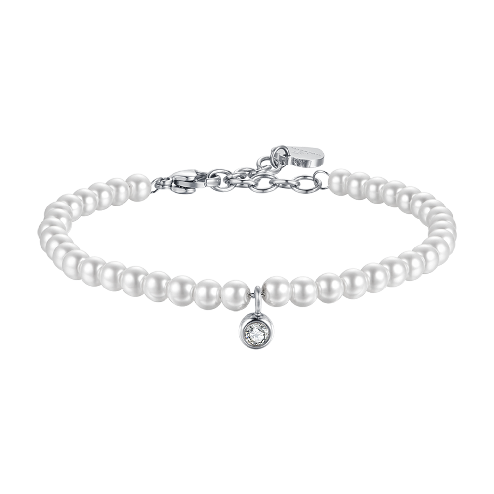 BRACCIALE DONNA IN ACCIAIO CON PERLE CON CRISTALLO BIANCO