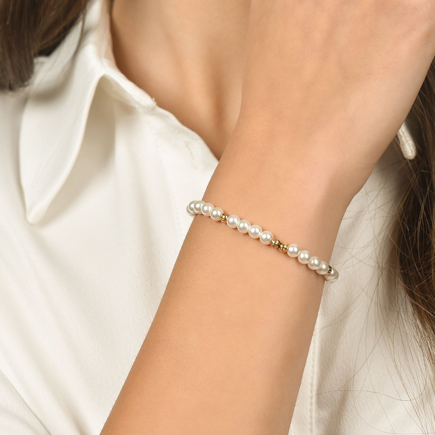 BRACCIALE DONNA IN ACCIAIO IP GOLD CON PERLE ED ELEMENTI IN ACCIAIO