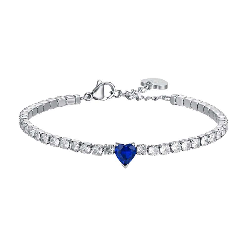 BRACCIALE TENNIS DONNA IN ACCIAIO CON CRISTALLI BIANCHI E CUORE CRISTALLO BLU