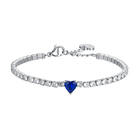 BRACCIALE TENNIS DONNA IN ACCIAIO CON CRISTALLI BIANCHI E CUORE CRISTALLO BLU