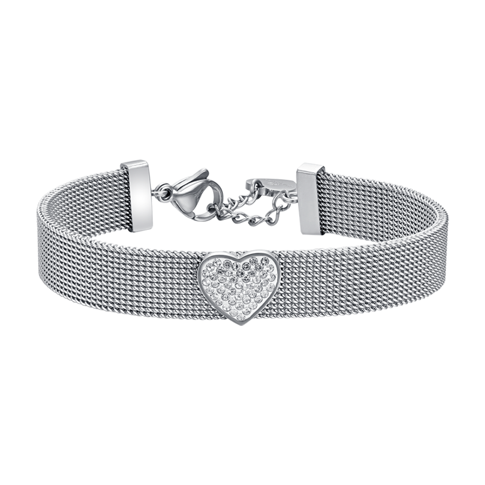 BRACCIALE DONNA IN ACCIAIO MAGLIA MILANO CON CUORE CON CRISTALLI BIANCHI