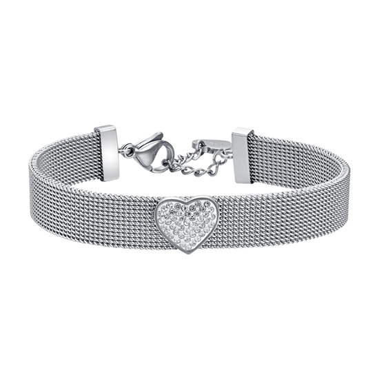 BRACCIALE DONNA IN ACCIAIO MAGLIA MILANO CON CUORE CON CRISTALLI BIANCHI